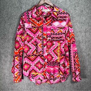 Geometric Pink Green Brown Long Sleeve Collar Shirt Button Front Medium